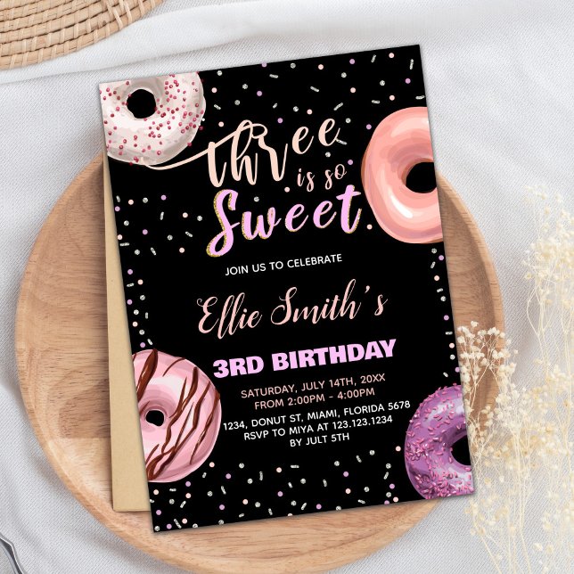 Convites Black Three Sweet Pink Rosquinha Birthday Invtions (Black Three Sweet Pink Donut Birthday Invitations)