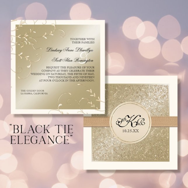 Convites Black Tie Elegance, Champagne Cream Wedes Cards (Criador carregado)