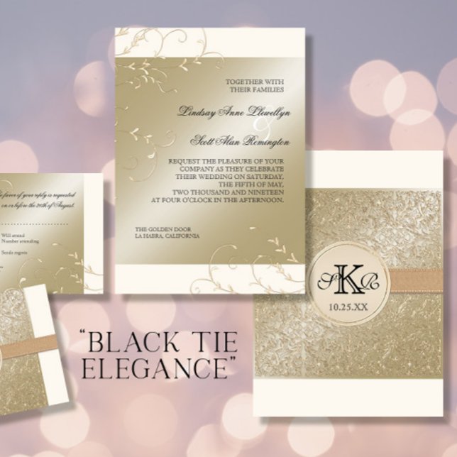 Convites Black Tie Elegance, Champagne Cream Wedes Cards (Criador carregado)