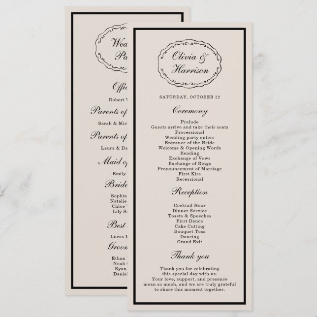 Convites Black Tie Wedding Classic Program Card (Frente/Verso)