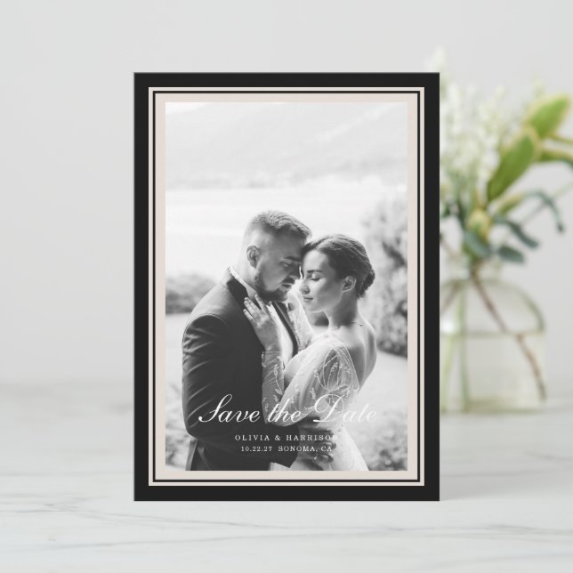 Convites Black Tie Wedding Photo Save the Date Card (Em pé/Frente)