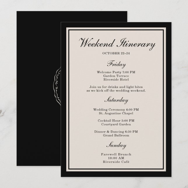 Convites Black Tie Wedding Weekend Itinerary Card (Frente/Verso)