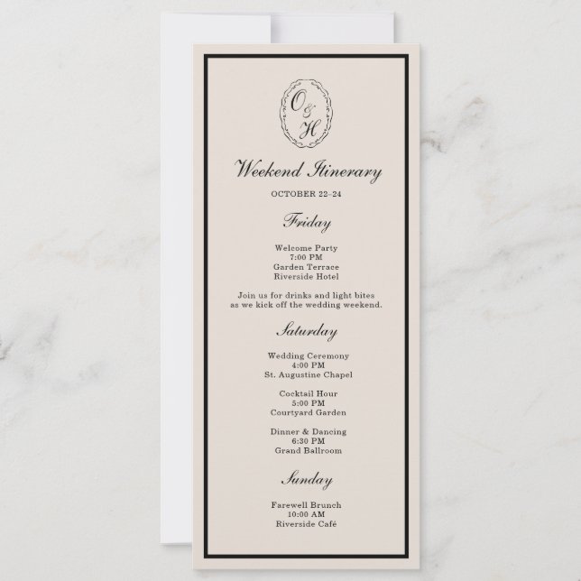 Convites Black Tie Wedding Weekend Timeline Card (Frente)