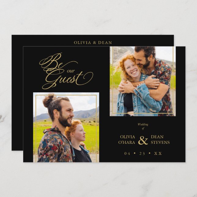 Convites Black Trendy 2 Photos Fake Golden (Frente/Verso)