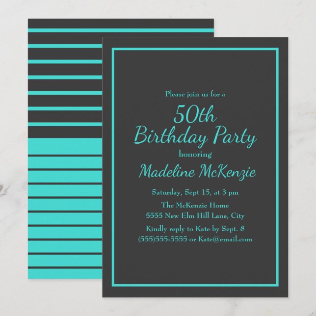Convites Black Turquoise Striped 50th Birthday Party (Frente/Verso)