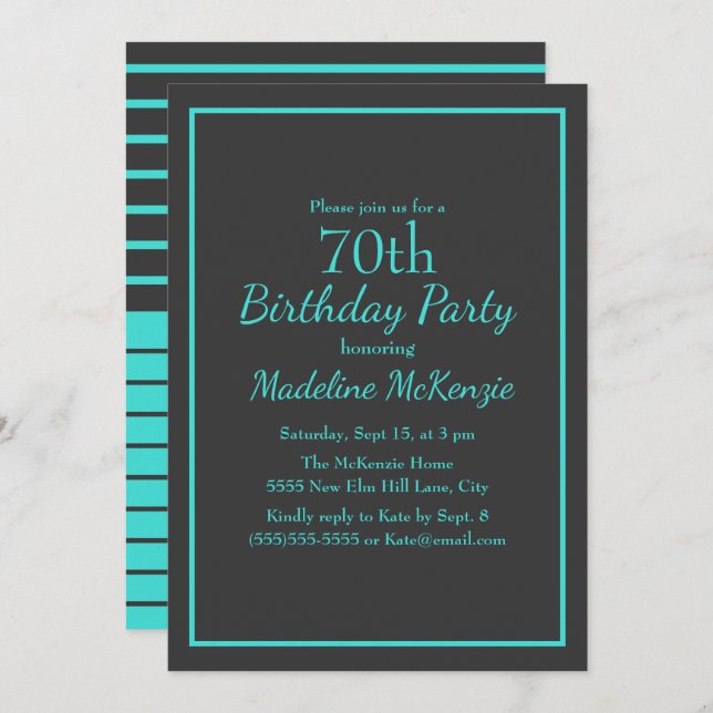 Convites Black Turquoise Striped 70th Birthday Party (Frente/Verso)