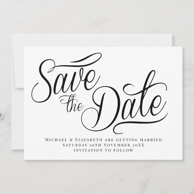 Convites Black Typo Modern White Save The Date  (Frente)