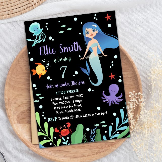 Convites Black under the sea Sereia Birthday (Black Under the sea Mermaid Birthday Invitations)