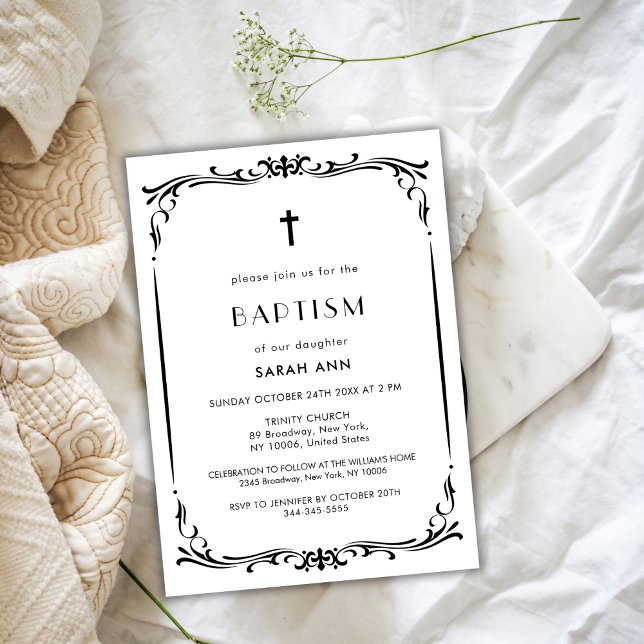 Convites Black Vintage Frame Baptism Christening Cross (Black Vintage Frame Baptism Christening Cross Invitation)