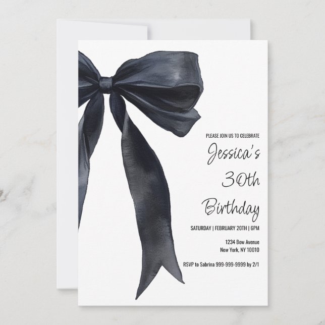 Convites Black Watercolor Bow Birthday Elegant Invitation (Frente)