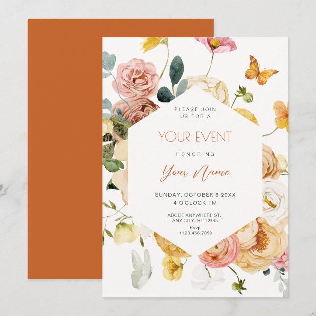 Convites Black Watercolor floral elegante (Frente/Verso)