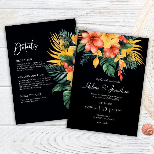 Convites Black Watercolor Tropical All In One Wedding (Cobr (Black Watercolor Tropical All In One Wedding Invitation)