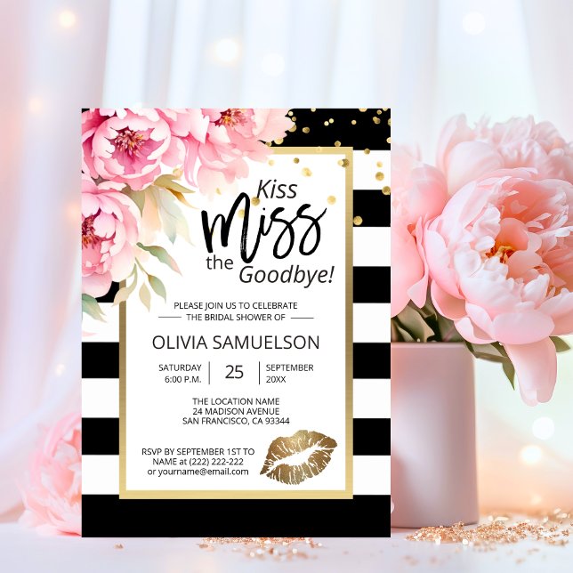 Convites Black White Beija Miss Floral Chá de panela (Kiss the Miss Goodbye Floral Bridal Shower Invitation)