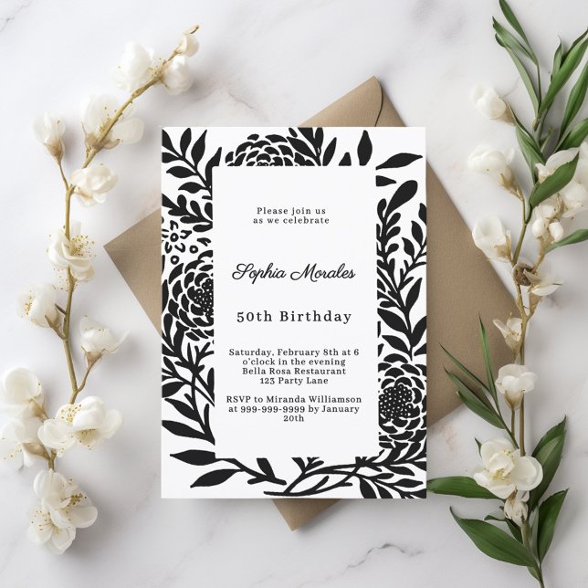Convites Black white botanical birthday (Criador carregado)