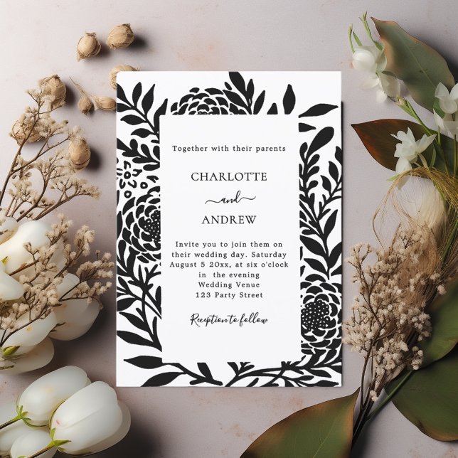 Convites Black white botanical modern wedding (Criador carregado)