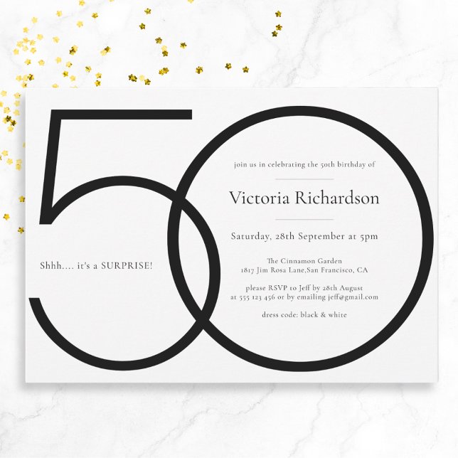 Convites Black White Chic Minimalist Surprise 50th Birthday (Mockup View)