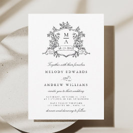 Convites Black & White Classic Floral Crest Wedding