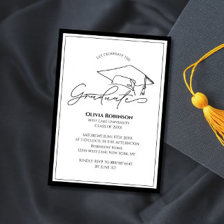 Convites Black White Classic Graduation cap typography