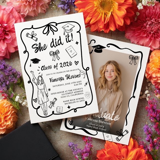 Convites Black White Coquette Doodles photo graduation (Black White Coquette Doodles photo graduation Invitation)