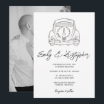 Convites Black & White Coquette Wedding Car Photo<br><div class="desc">Elegant black and white wedding invitation with hand-drawn coquette wedding car design and a photo of the couple on the back. A romantic bridal suite design perfect for modern weddings. Ideal for couples looking for a timeless aesthetic.</div>