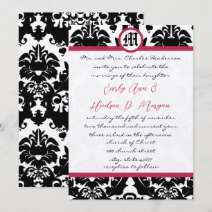Convites Black & White Damask Magenta Trim Wedding 