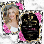 Convites Black White Damask Pink Roses Foto 50th Birthday<br><div class="desc">Elegante convite floral feminino de 50 anos com sua foto no final do cartão. Design cor-de-rosa preto brilhante com ouro brilhante. Apresenta cor damasco preta e branca, rosas cor-de-rosa, fonte de script e confetti. Perfeito para uma festa de comemoração de na moda adulto. Personalize com seus próprios detalhes. Pode ser...</div>