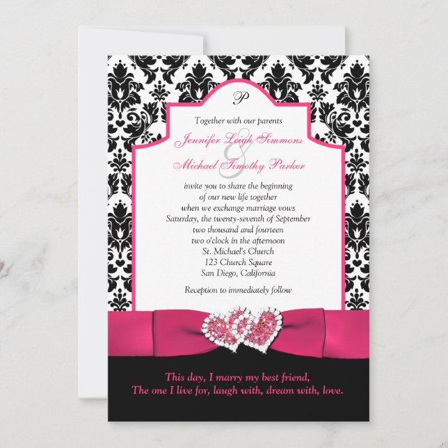 Convites Black White Damask, Rosa Glitter Hearts Convidam 2 (Frente)
