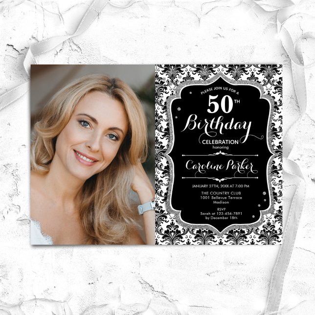 Convites Black White Damask Silver Photo 50th Birthday (Criador carregado)
