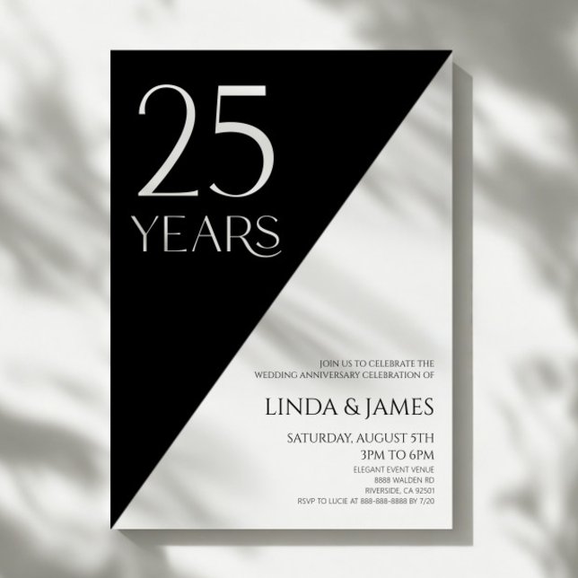 Convites Black White Elegant 25th Wedding Anniversary (Criador carregado)