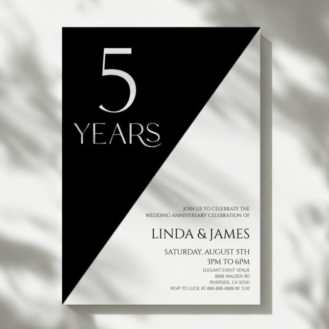 Convites Black White Elegant 5th Wedding Anniversary (Criador carregado)