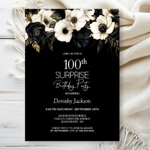 Convites Black White Floral Surprise 100th Festa de anivers