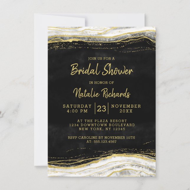 Convites Black White & Gold Geode Casamento Chá de Noiva (Frente)