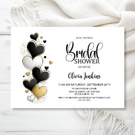 Convites Black White Gold Hearts Bridal Shower