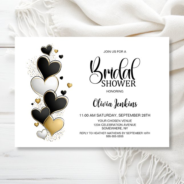 Convites Black White Gold Hearts Bridal Shower (Criador carregado)