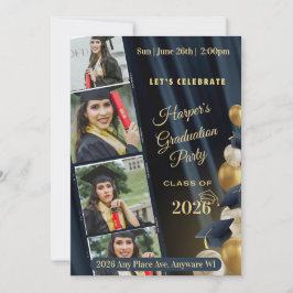 Convites Black White & Gold Photo Graduation Party Invite