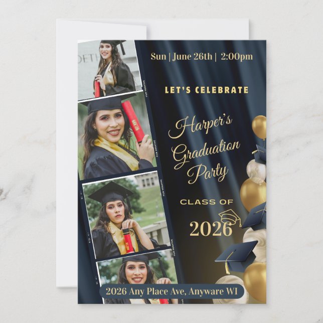Convites Black White & Gold Photo Graduation Party Invite (Frente)