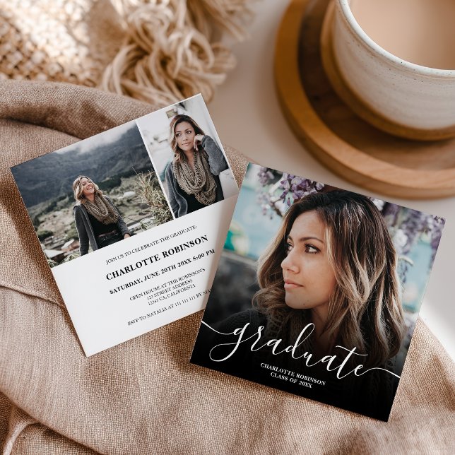 Convites Black white graduate script photo graduation (Black white graduate script photo graduation invitation)