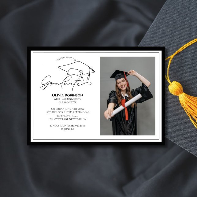 Convites Black White Graduation cap typography photo (Criador carregado)