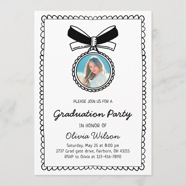 Convites Black & White Hand Drawn Bow Graduation Party (Frente)
