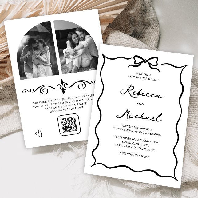 Convites Black & White Hand Drawn Bow QR Code Photo Wedding (Criador carregado)