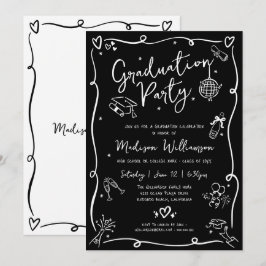 Convites Black White Hand Drawn Doodles Graduation Party