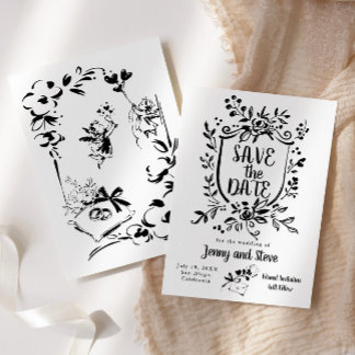 Convites Black & White Hand Drawn Wedding Save The Date