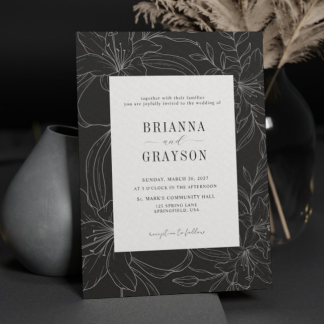 Convites Black White Lily Flower Rustic Elegant Wedding (Criador carregado)