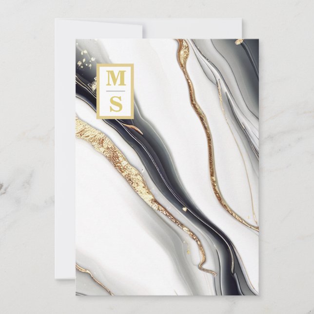 Convites *~ BLACK White Marble Agate AR66 RSVP QR Wedding (Frente)