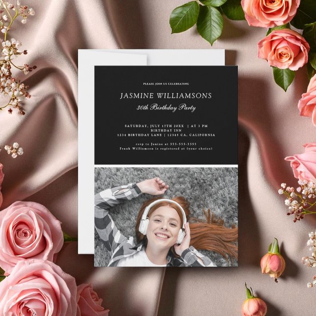 Convites Black White Minimalist any age Birthday Photo (Criador carregado)