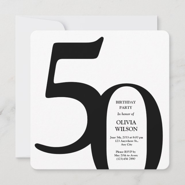 Convites Black & White Minimalist Milestones 50th Birthday  (Frente)