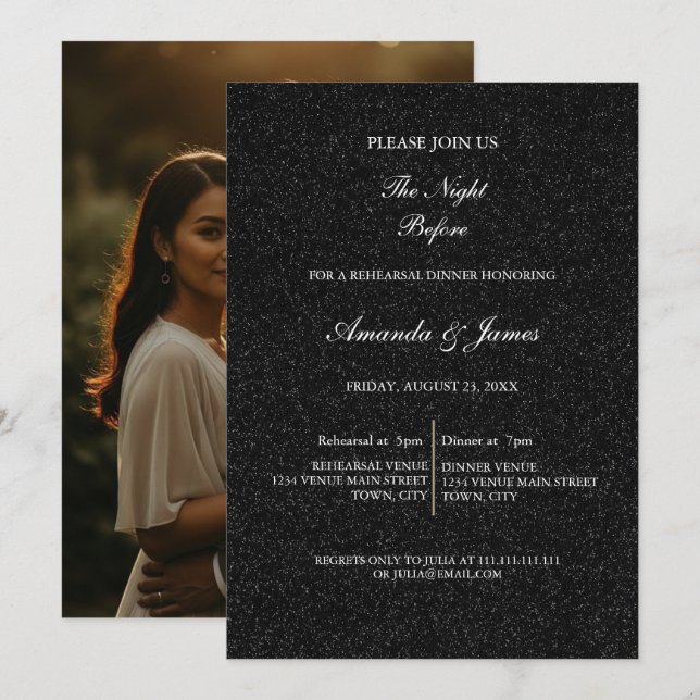 Convites Black White Minimalist Script Rehearsal Dinner  (Frente/Verso)