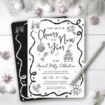 Black White New Year Cheer Hand Drawn Doodle Party