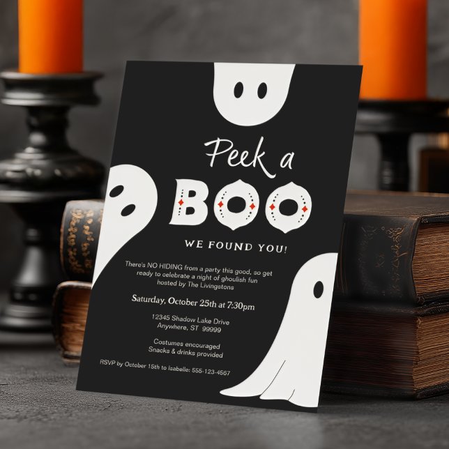 Convites Black White Peek Um Boo Festa de Halloween (Shown on a 5" x 7" invitation)