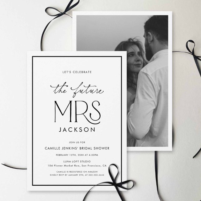Convites Black & White Photo Bridal Shower Invitation (Minimalist Elegant Future Mrs Bridal shower Photo invitation)